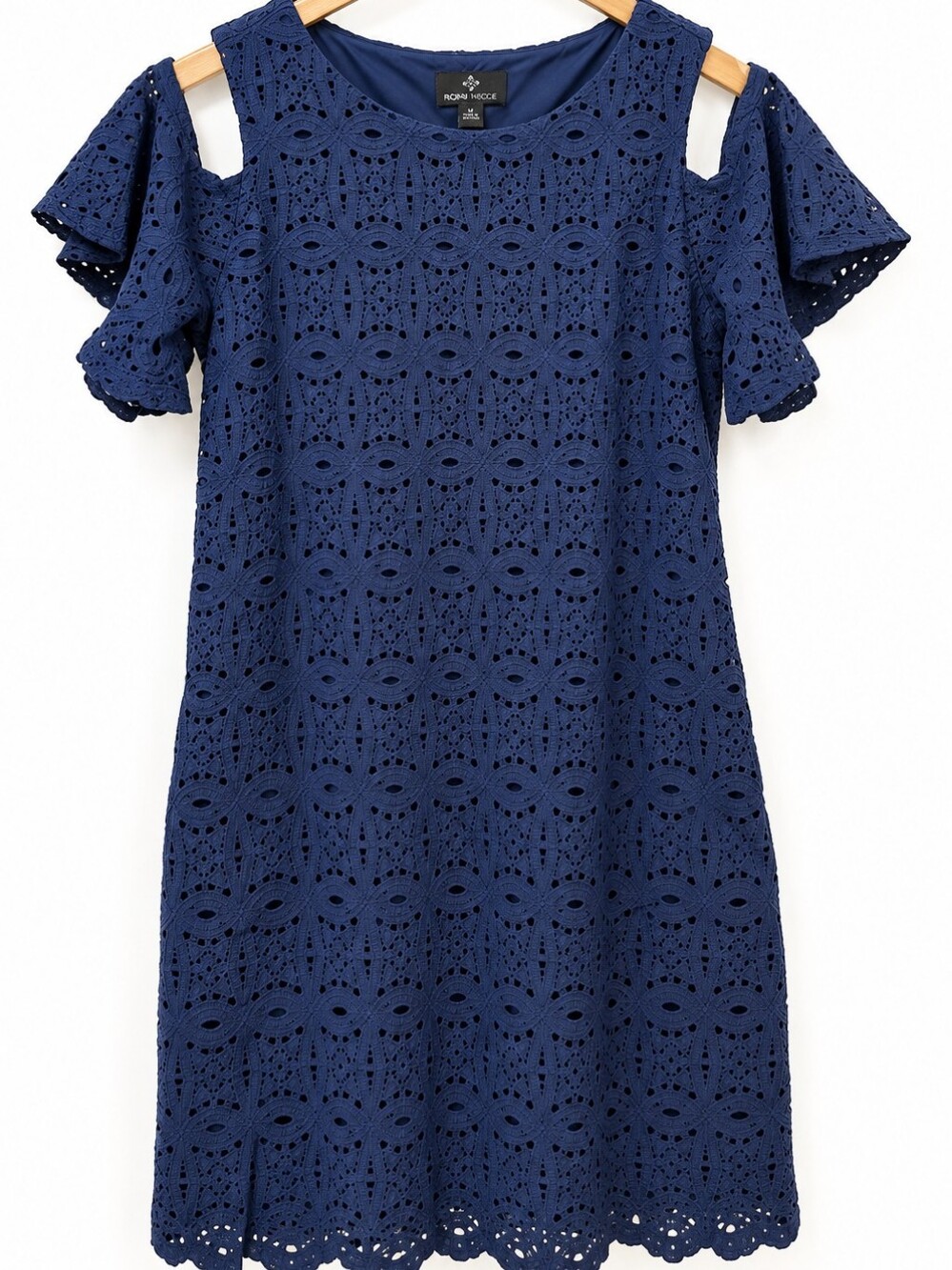 Ronni Nicole Navy Blue Eyelet Lace Cold Shoulder Dress Size M